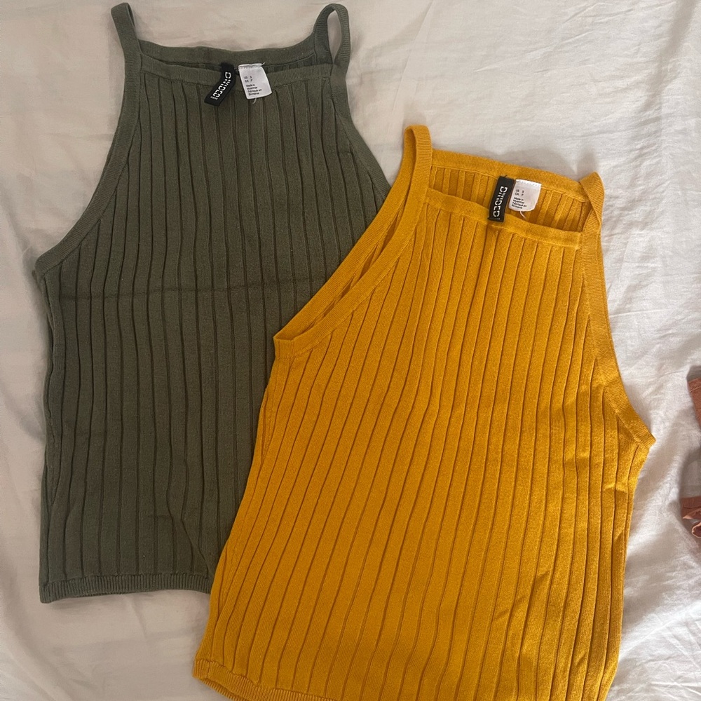 H&M Green and Yellow Ribbed Tank Top High Neckline